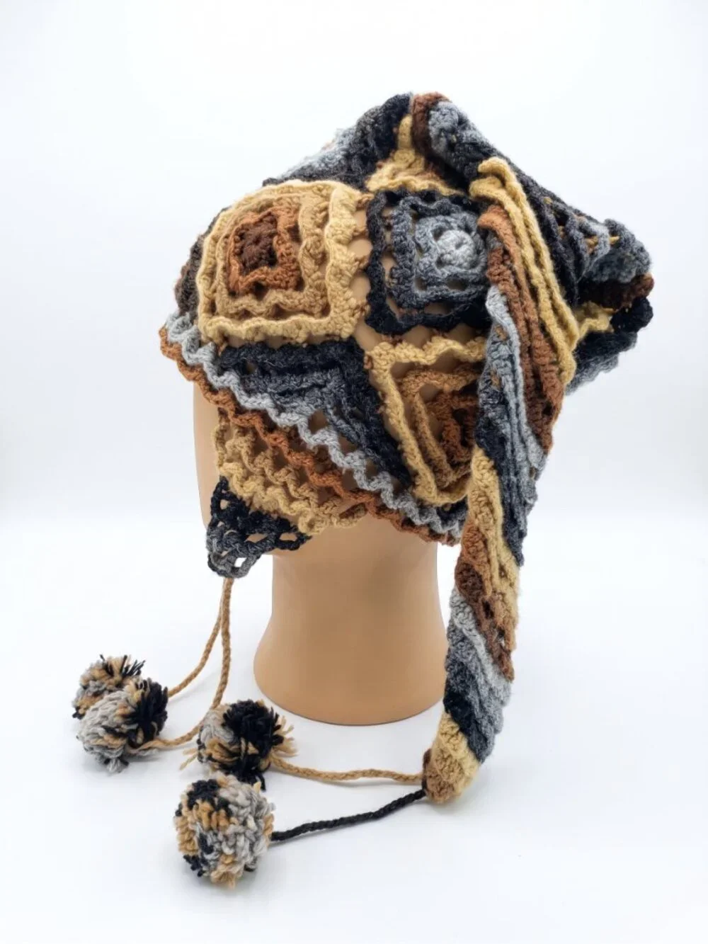 Hand-Knitted Alpaca Wool Chullo with Geometric Designs and Pom-poms